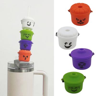 Halloween Pumpkin Bucket Straw Topper Silicone Cup Decor for 30oz & 40oz Tumblers Reusable 10mm Straw Lid Cover Spooky Drink Accessory for Parties
