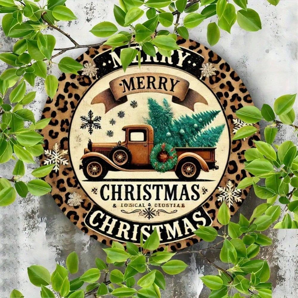 Landhausstil Runde Metallblechschild 8x8 Zoll Weihnachts-Kranz Leopard LKW Wand Tür Haus Bar Dekor