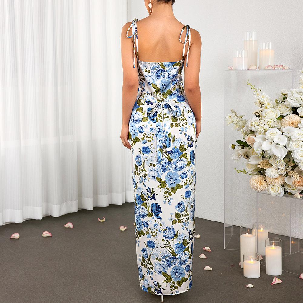 Suspender dress, European and American sexy satin forged printing halter strap long evening dress skirt