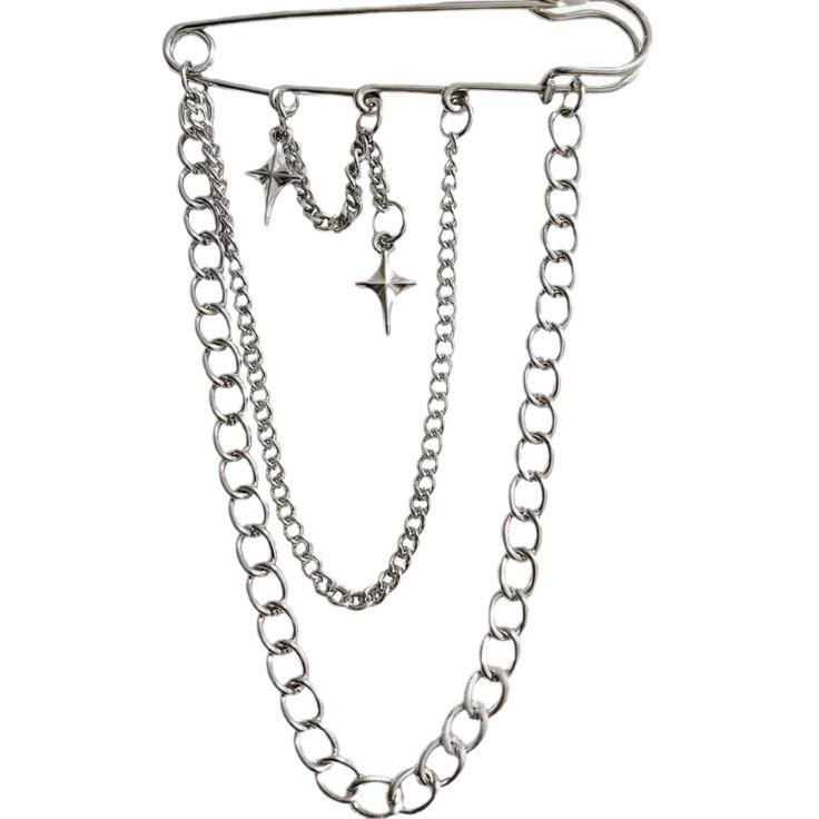 Trendy Hip-Hop Star Cross Brooch: Women's Stylish Lapel Pin with Chain & Unique Personality