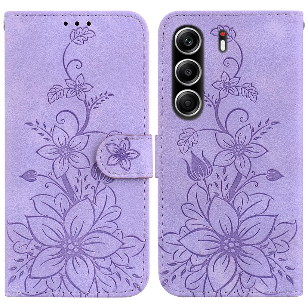 For TECNO Camon 40 Pro 5G/4G Stand Case Lily Flower Imprint Leather Phone Cover with Wrist Strap