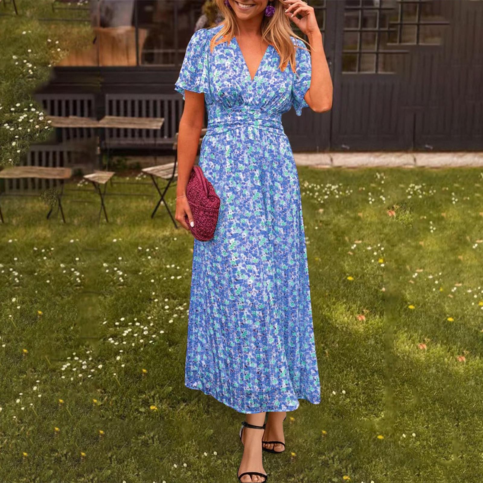 A Casual Printed V-neck Short-sleeved Waist-length Dress For Women In Summer M розовый