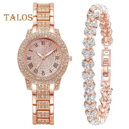 

2 шт./комплект женские часы Quart блестящие стразы круглый циферблат высокоточный механизм наручные часы с браслетом розового золота