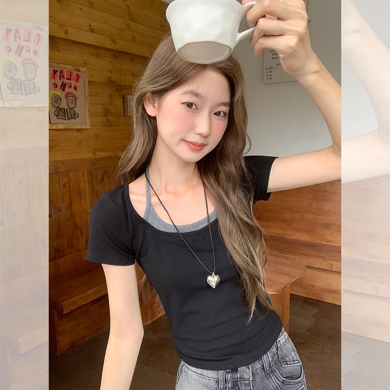 Academy style fake two-piece front shoulder short-sleeved T-shirt women's summer new slim-fitting and thin unique and beautiful small top