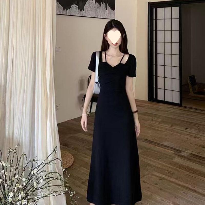 Neck skirt large size women's clothing summer thin temperament niche design dress black long dress