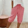 Women's Fashionable Plaid Printed Loose Drawstring Cotton Linen Casual Five Quarter Pants
