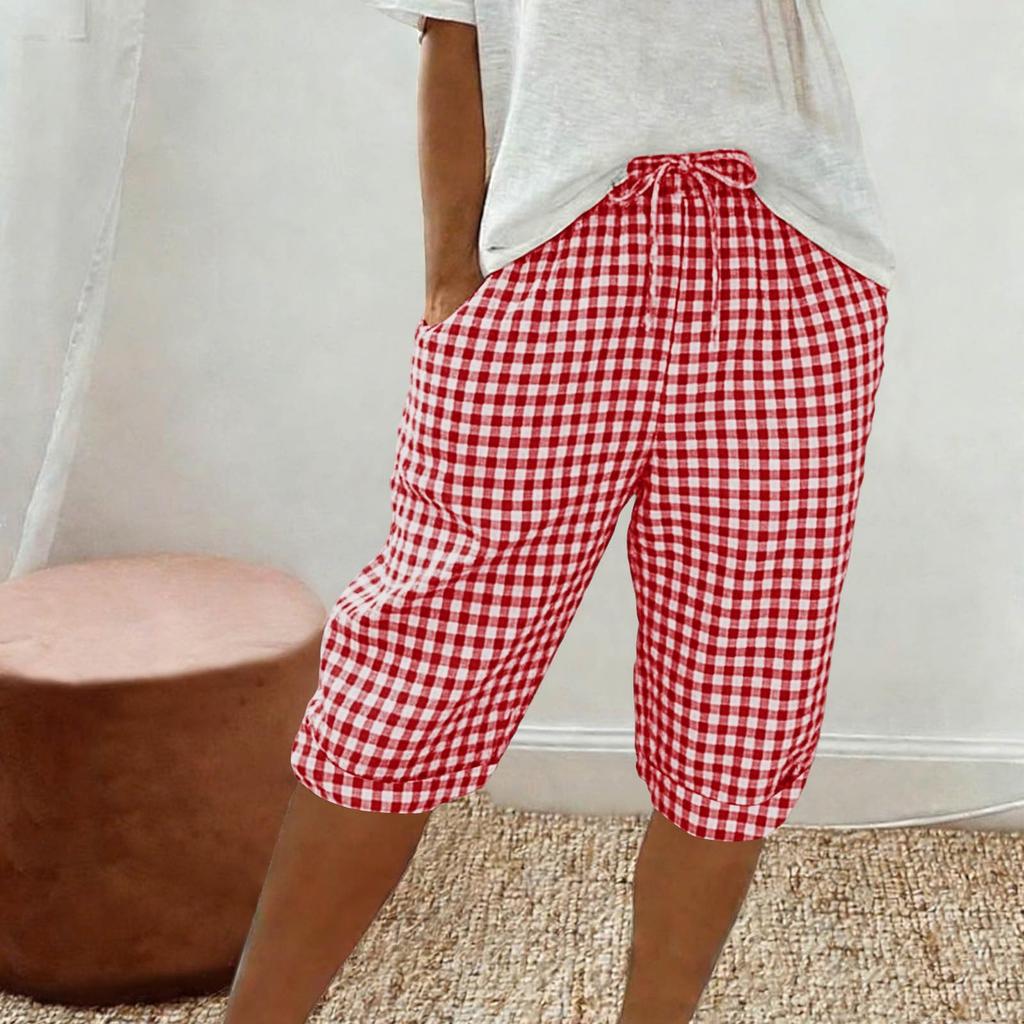 Women's Fashionable Plaid Printed Loose Drawstring Cotton Linen Casual Five Quarter Pants