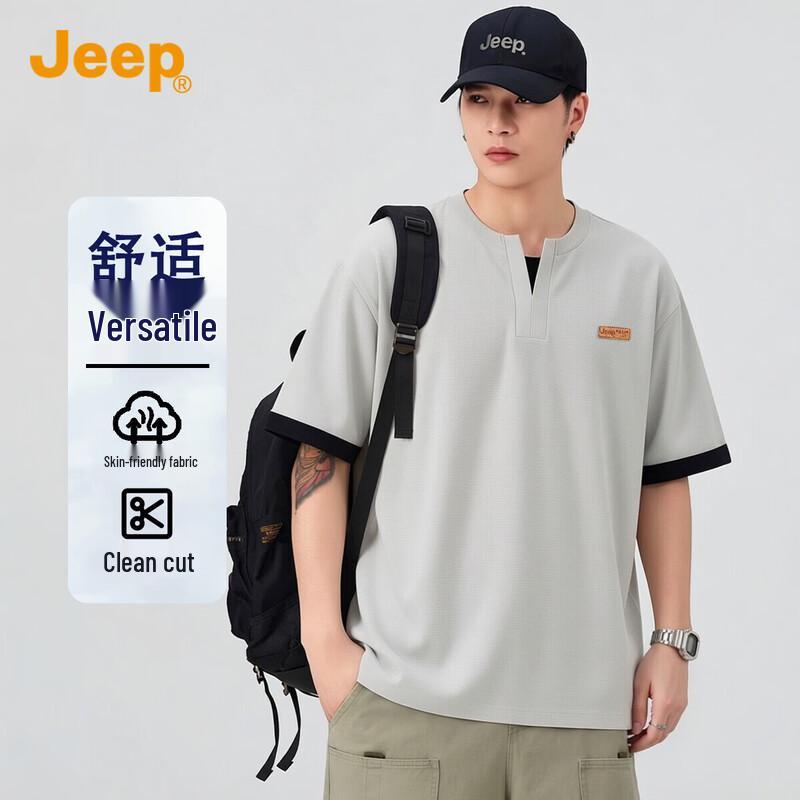 JEEP Men s Casual Fake Two-Piece V-Neck T-Shirt L