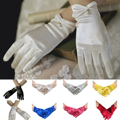 1 Paar Retro-Brauthandschuhe aus glattem Satin, Kunstperlen-Dekor, plissierte Manschetten, einfarbige Vintage-Hochzeitshandschuhe