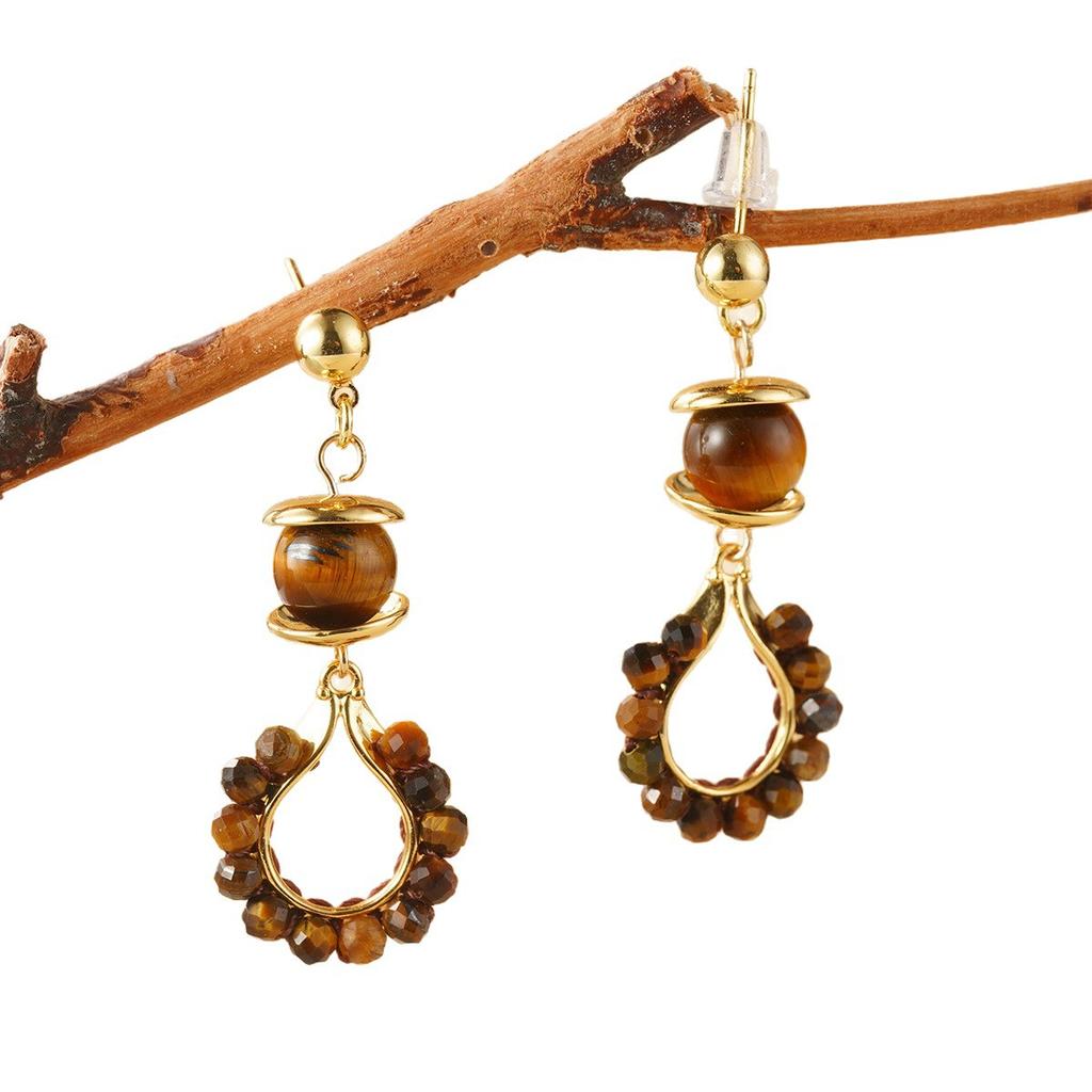 Autumn and winter geometric Maillard natural tiger's eye stone temperament beaded earrings retro style earrings high-end stud earrings