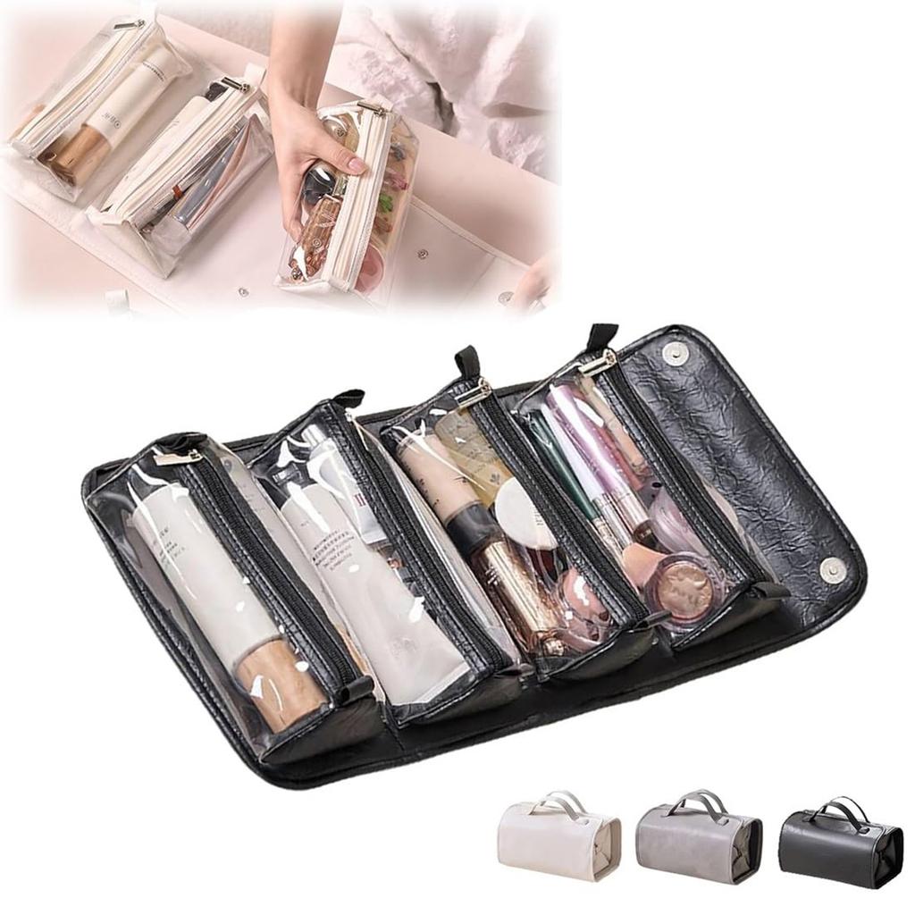 Travel Toiletry Bag 4 Detachable Clear Multi Compartment Hanging Makeup Bag Leather 4 In 1 Roll Up Large Capacity Compact Foldable Cosmetic Bag