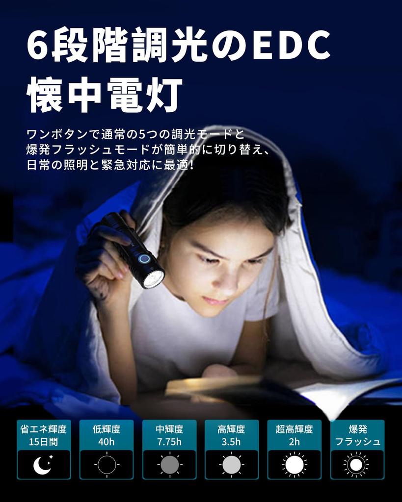 Powerful EDC LED 4000 5000mAh High IPX8 5 Handy Flashlight for Emergency Night and Work Flashlight, Lumens, Ultra-Bright, USB-C Rechargeable,