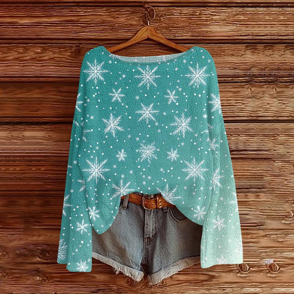 Women's Round Neck Lightweight Sweater Casual Long Sleeve Christmas Print Knit Pullover.