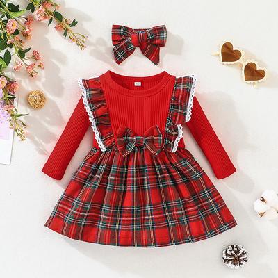 Mädchen Langarmkleid Herbst Winter Kinder Weihnachtsstil Karierter Rock Baby Kleinkind Rotes Kleid A-Linien-Kleid