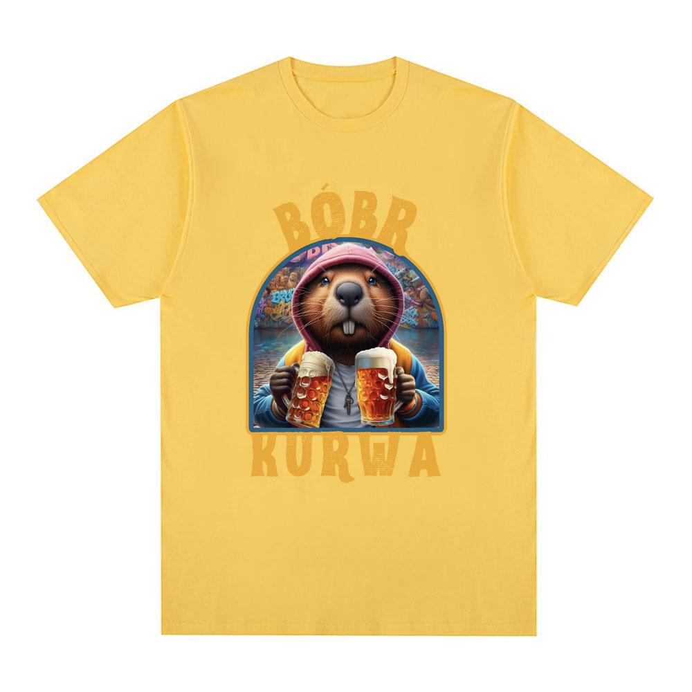 Bober Kurwa Bobr T-shirt Funny Beaver Drinking Beer Meme T shirt Men Women Fashion Hip Hop Loose 100% Cotton T shirts Streetwear