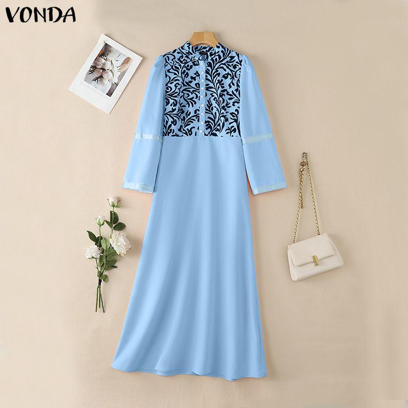 VONDA Elegant Women Puff Sleeve Print Patchwork Casual Loose Maxi Dress