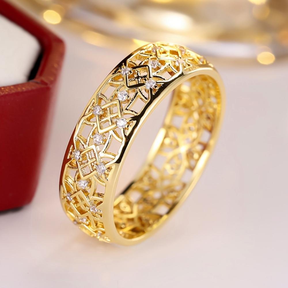 Huitan Hollow Out Design Women Ring Versatile Party Daily Inlaid Shining CZ Trendy Accessories Gold Color Fancy Wedding Jewelry