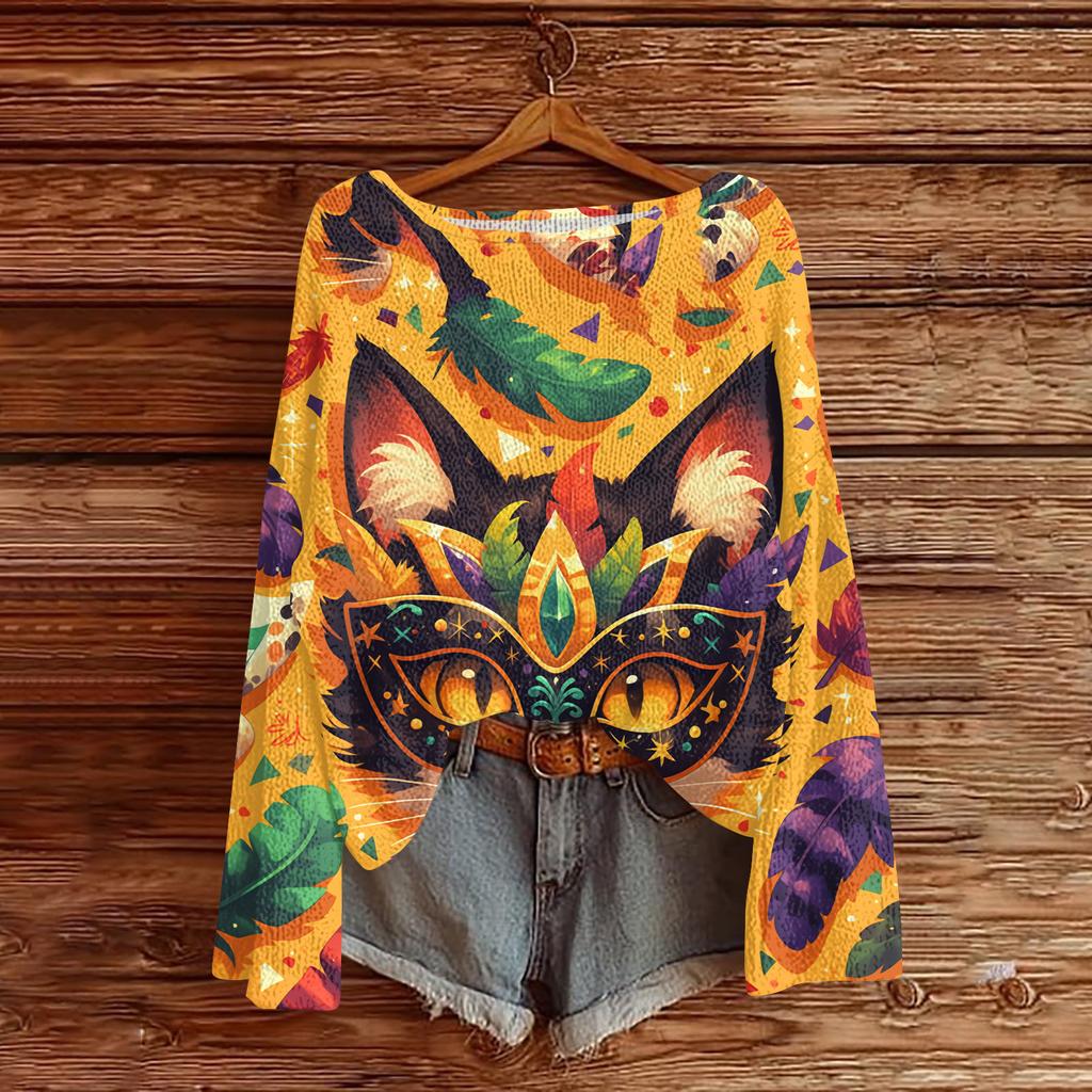 Damen Casual Mode Rundhals Oberteil Karneval Print Langarm Strickpullover