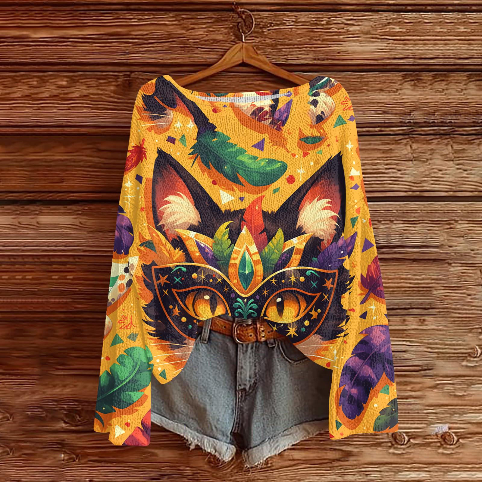 

Женский повседневный модный топ с круглым вырезом, с карнавальным принтом, с длинным рукавом, вязаный пуловер M