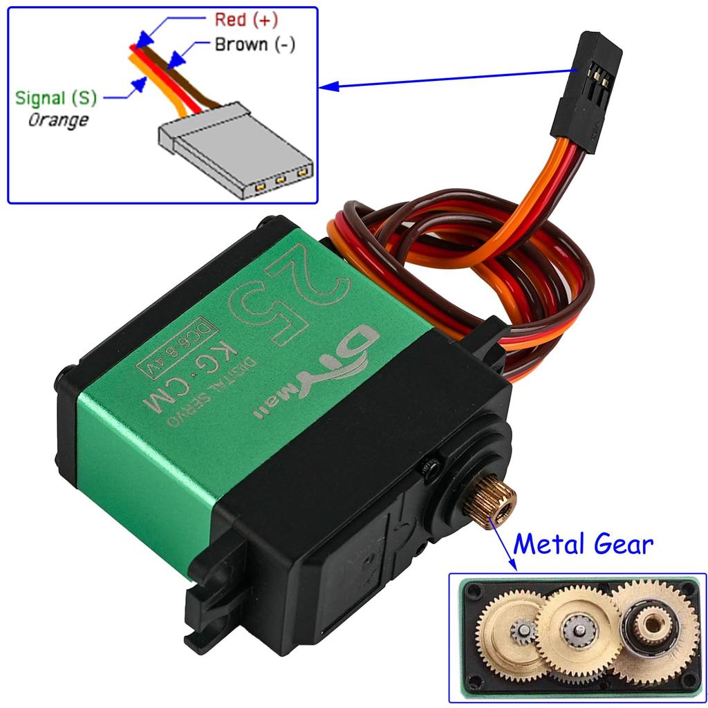 DIYmall TD-8825MG Digital Servo, 25kg, High Torque, 360° Continuous Rotation, Angle Controllable, 500-2500usec, Metal Gear, for RC Robots, Gimbals,