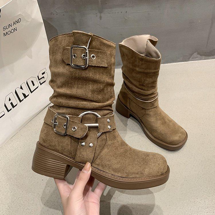 Large Size Women's Shoes 41 To 43 Retro Platform Western Knight Boots Women's Autumn and Winter Belt Buckle Fashion Locomotive Martin Boots