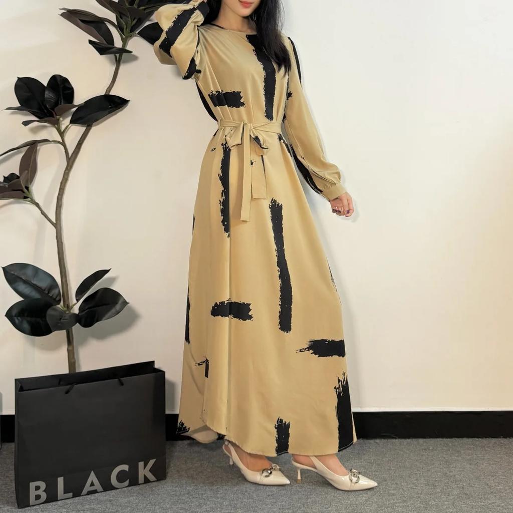 Rochie musulmană Rochii de rugăciune pentru femei Abayas Moda Femeie Gâtul O cu mânecă întreagă A-line Casual Rochii maxi lungi Ramadan cu centură