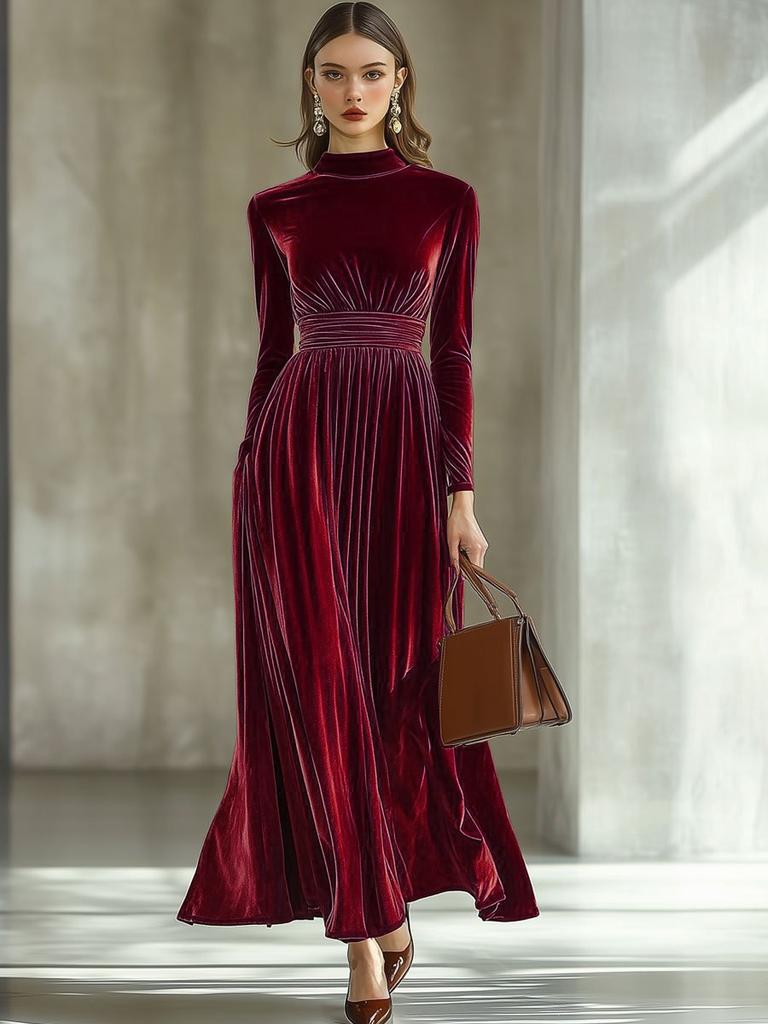 Nowa Jesienno-Zimowa Damska Sukienka z Długim Rękawem ze Złotego Aksamitu z Wyszczuplającą Talię Elegancką Suknią Maxi