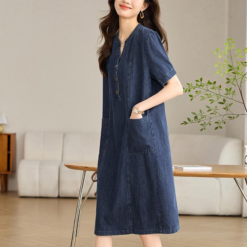 Retro Women's Slimming Short-Sleeve Denim Dress - 2024 Summer Casual Loose Fit