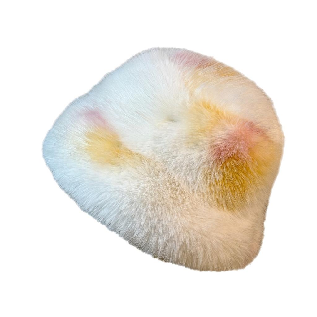 Snow-white Plush Tie dye Basin Hat for Women in Autumn and Winter Warm and Versatile Photo Artifact Fisherman Hat Showing Off Face and Trendy