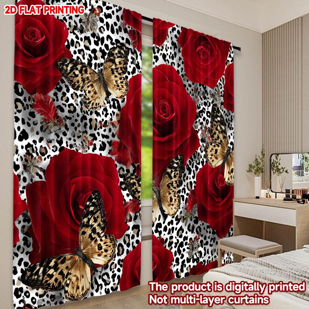 Set Of 2 Flat Printing Happy Valentine Day Curtain Romantic Red Roses Digital Printed Polyester Drapes Birthday Party