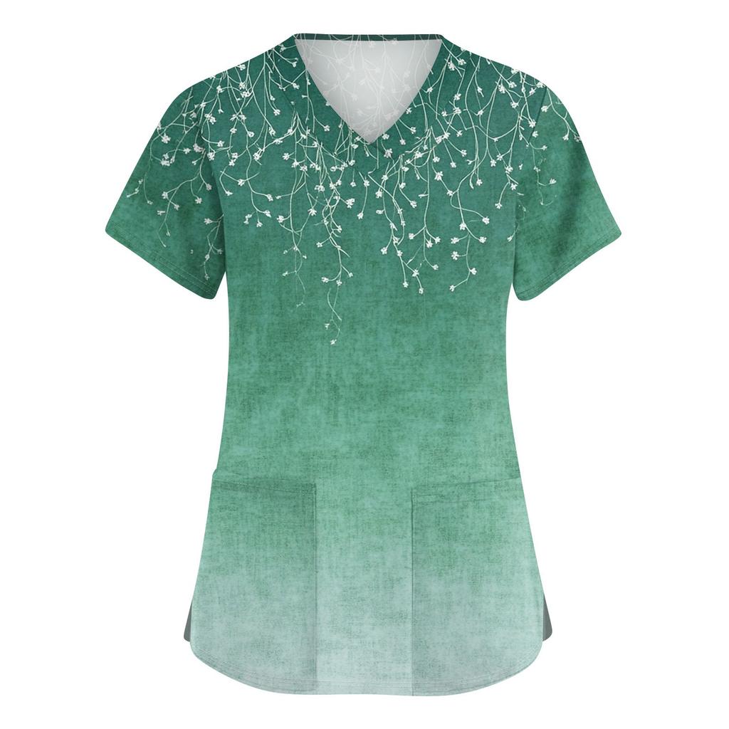 Niedlich bedruckte Arbeitskleidung für Damen, V-Ausschnitt, doppellagige Taschen, Basic-Kurzarm-Oberteil, Pullover
