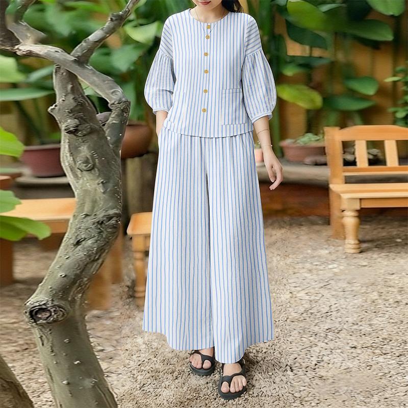 

ZANZEA Жіночий костюм-двійка: блуза з рукавом 3/4 та штани, повсякденний, смугастий принт 5XL синій