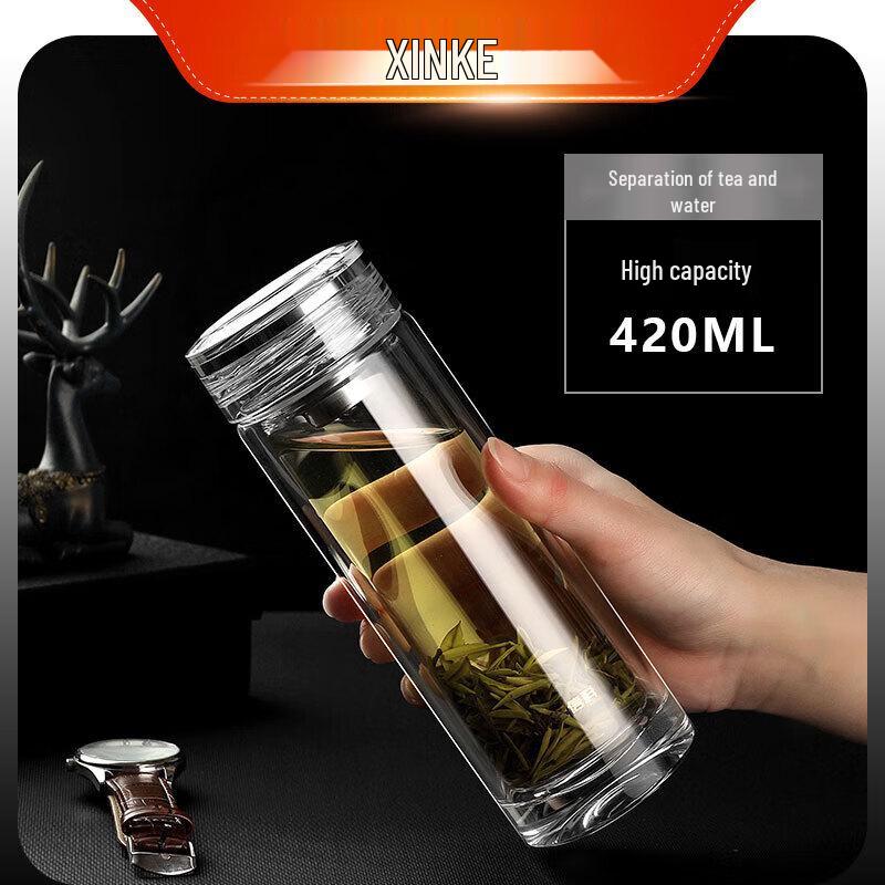 Xinke Portable Double-Wall Glass Tea Mug, 420ml