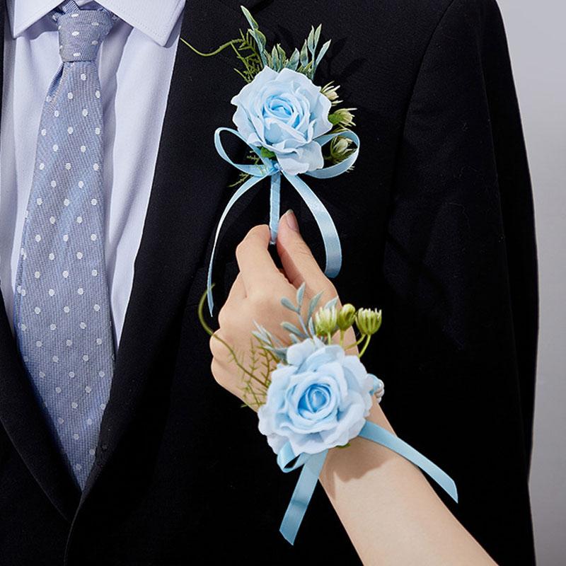 1 pz Fiore Artificiale Accessori Matrimonio Corsage da Polso Bottoniera Matrimonio Braccialetti per Damigelle Rose di Seta