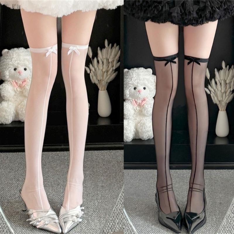 1 Pair Silk Thigh High Stockings with Bows Accent for Women Seamed Thin Sheer Over Knee Long Socks See Through Lingerie