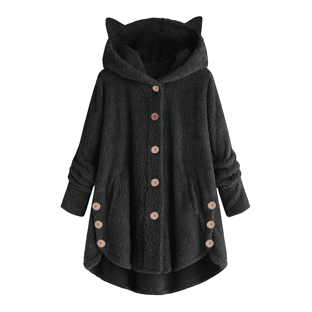 Women's Loose Plush Solid Color Single Breasted Pocket Hood Zipper Jacket