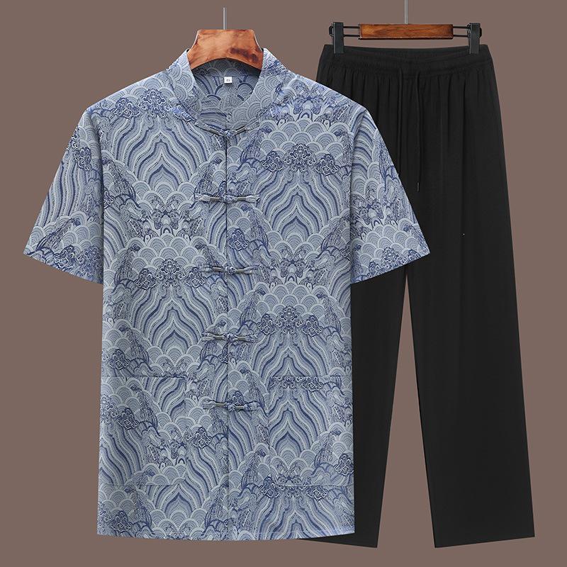 Men's Summer Tang Suit: Short Sleeve, Stand Collar, Frog Buttons, Two-Piece Set, Multi-color