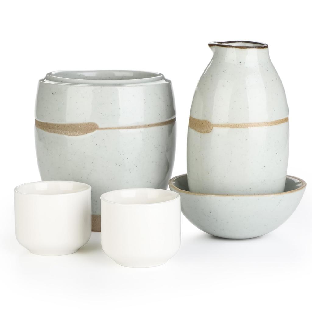 Sake and Hot Sake Set - Ceramic 5-Piece Set: 1 X 150ml Sake Carafe, 2 X 30ml Sake Cups, 1 X 350ml Sake Carafe, 1 X Sake Warmer, 1 X 70ml Lid. The Cara