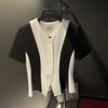 Stylish Color-blocked Cardigan with Buttons V-neck Women's Trendy Summer New  Elegant Top