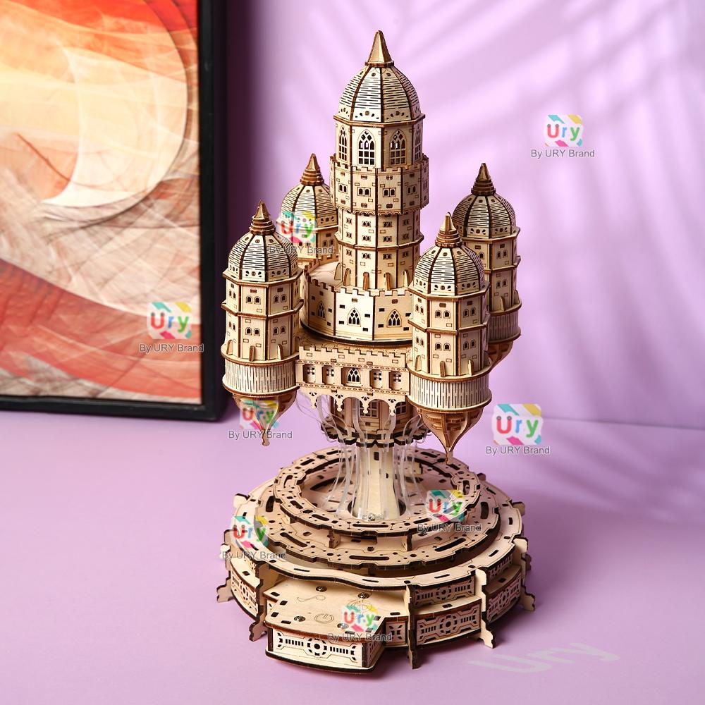 Puzzle de Casa de Madera 3D Castillo Celeste Giratorio Eléctrico Real Con Luz Juguete de Ensamblaje Para Adulto Modelo DIY Decoración para Regalos
