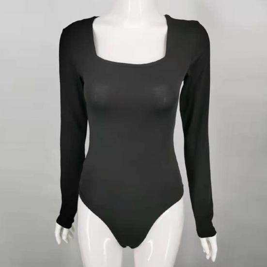 Women Bodysuit Solid Color Square Neck Slim Fit Sexy Lady Playsuit Daily Clothes