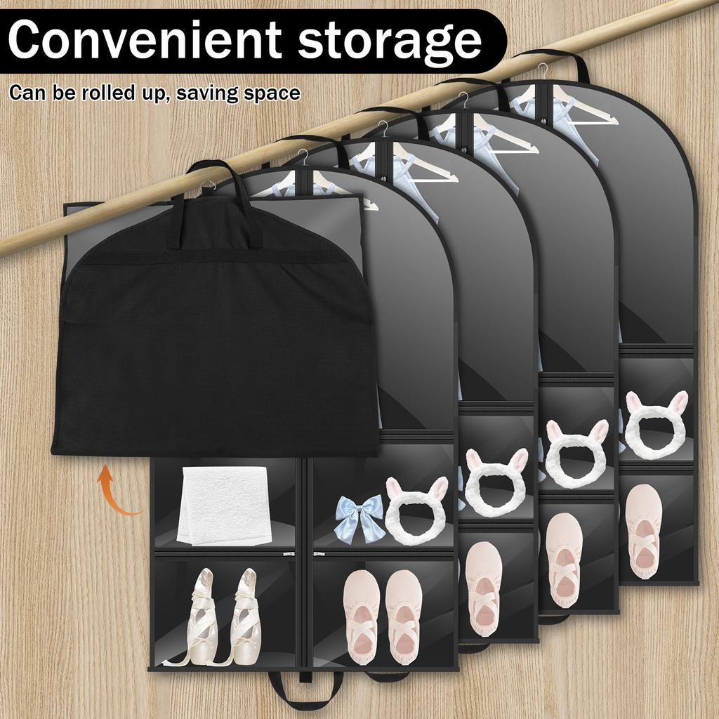 5Pcs Clear Kids Garment Dust Proof Bags for Suits Dresses Foldable Zipper Closure Dance Costume Bags With Multi Zippered Pockets