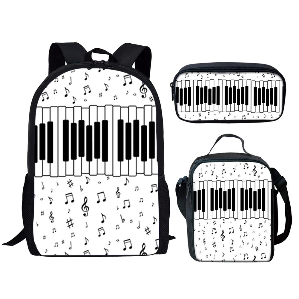 Klassiek Populair Piano Toetsenbord Muzieknoten 3D Print 3 stuks/Set leerling Schooltassen Laptop Dagrugzak Rugzak Lunchtas Etui