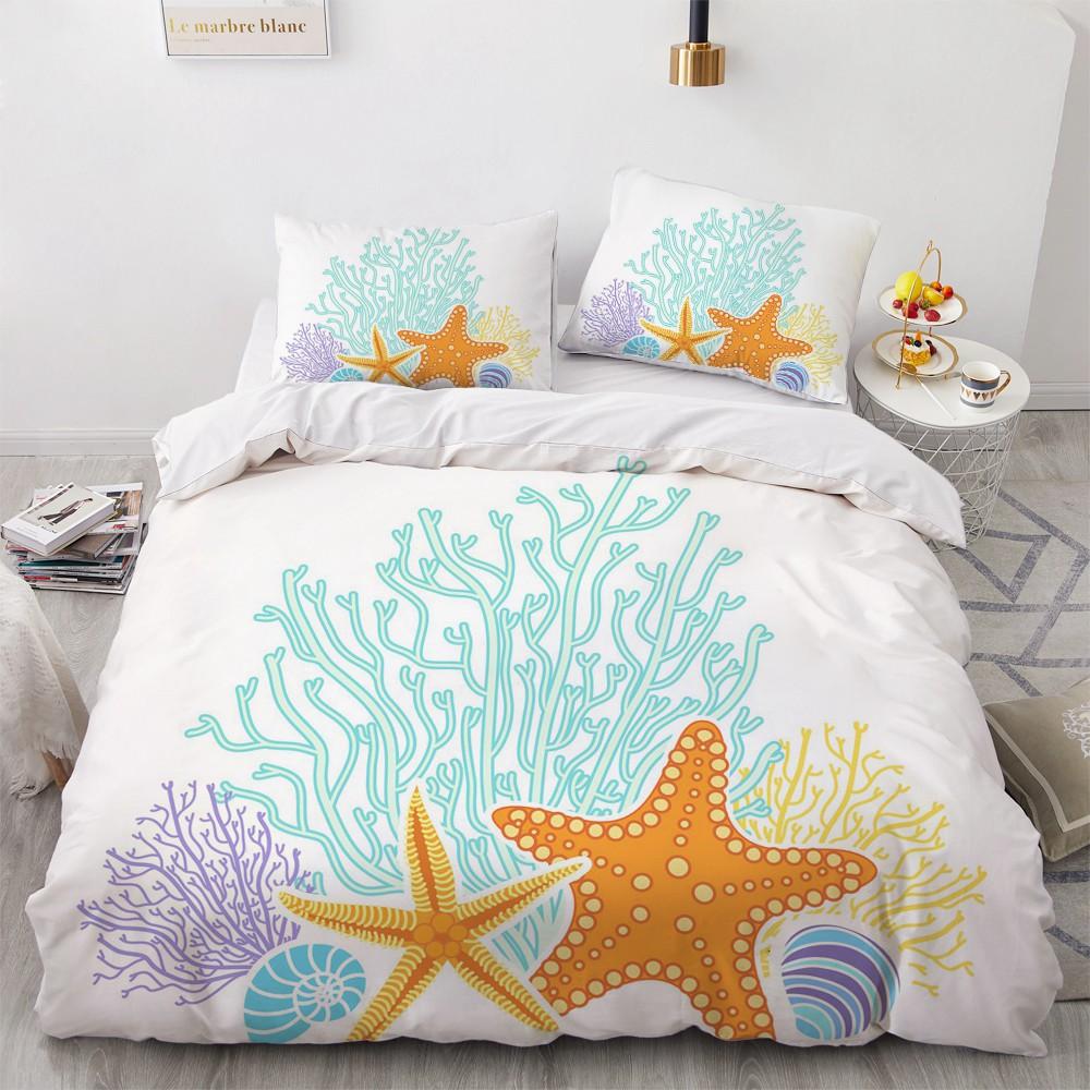 Blue Ocean King Queen Duvet Cover Cartoon Starfish Shell Bedding Set For Kid Teens Adults Sea Beach 2/3pcs Polyester Quilt Cover