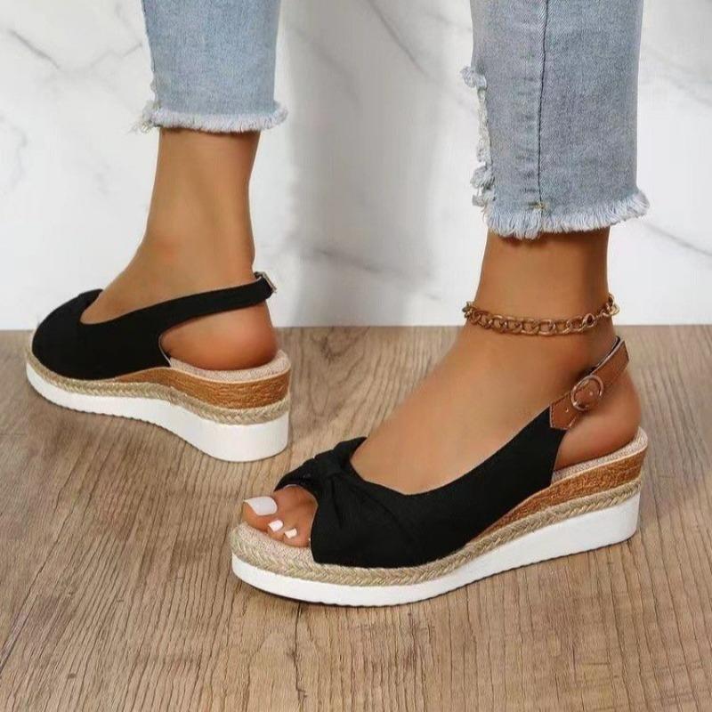 New Sandals Large Size Foreign Trade Hemp Rope Bow Wedge Casual Sandals Women's Shoes