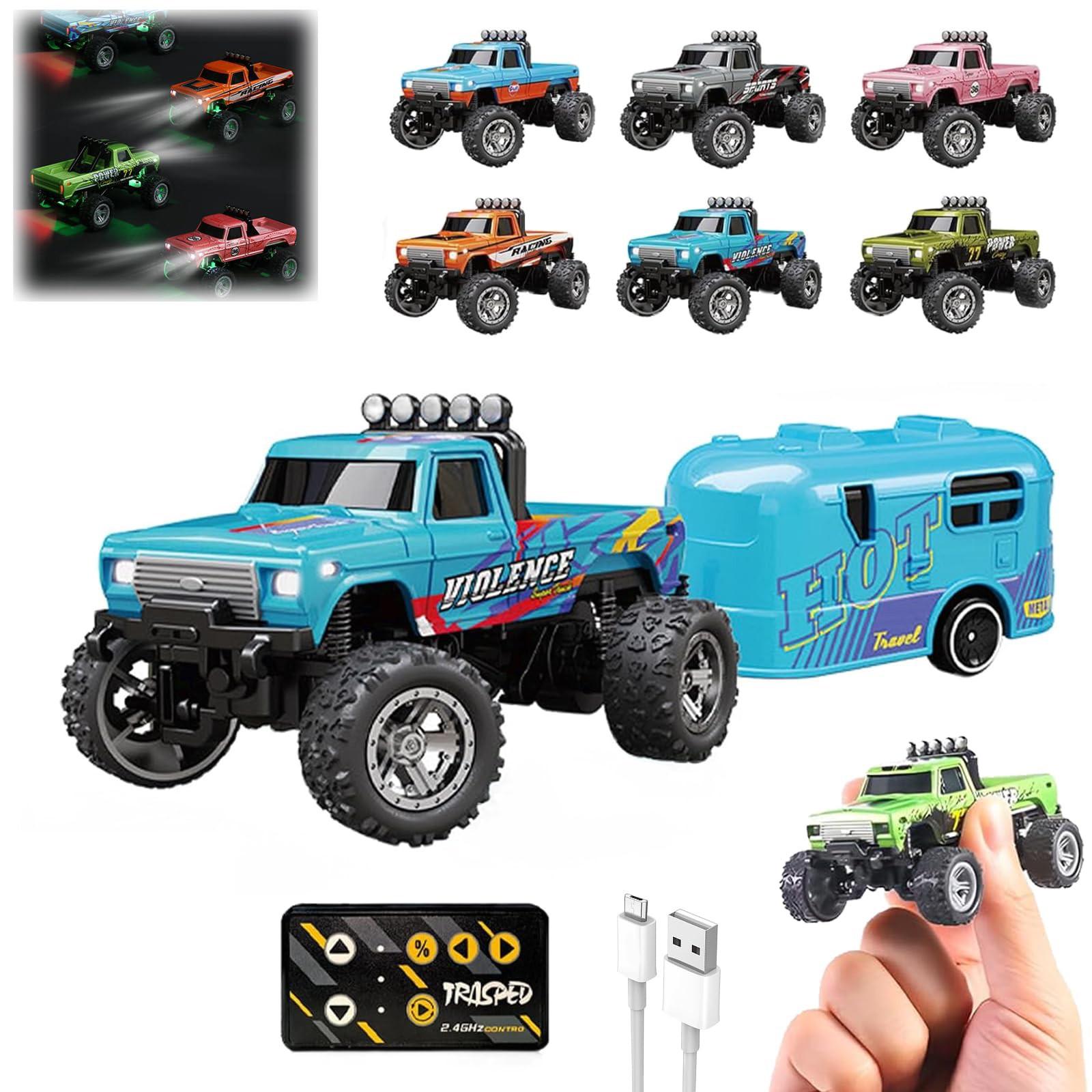 

RC Truck USB-C перезаряжаемый нижний уровень с прицепом, 1:64 масштаба грузовик с дистанционным управлением автомобиль с фарами, 2.4Ghz пульт дистанционного управления One Size синий