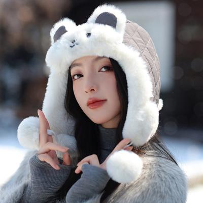 Roztomilá plyšová čepice s králičími uchy pro ženy v zimě Teplá plyšová čepice Lei Feng na jízdu Ochrana uší v chladném severovýchodě Silná