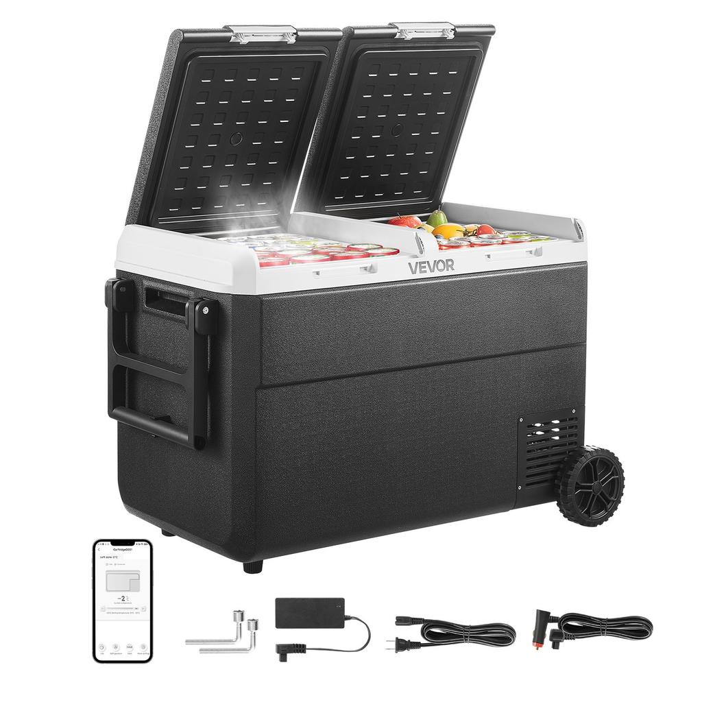 12 Volt Car Refrigerator, 95L Car Fridge, Dual Zone Portable Electric Cooler with Wheels and Handle, -20 to 20, 12/24V DC 100-240V AC Compressor