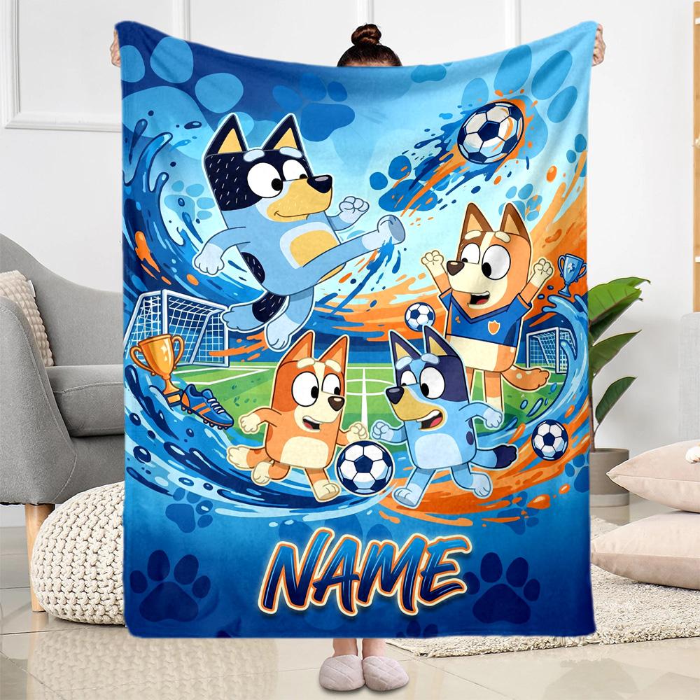 Bluey's Soccer Adventure Personalized Name Blanket Gift Customizable Blanket Durable Comfort Perfect for Nap Bedding Office Office Chair