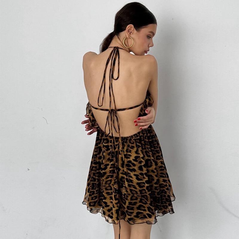 Personality Street Style Summer Fashion Trend Leopard Print Lace-up Halter Sexy Halter Dress